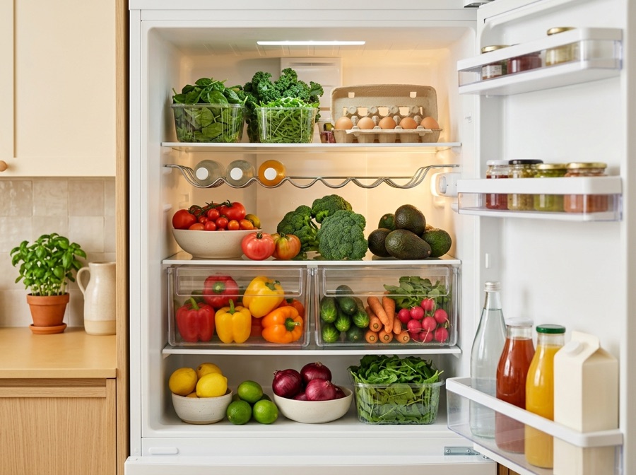 An open fridge stocked with fresh vegetables